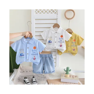 Summer Fashion Boys Clothing Sets New Small Medium-sized Street Bear Car Printed Striped Short Sleeve Suit Foreign Style