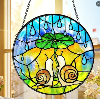 Snail Lotus Stained Glass Suncatcher 20cm Christmas Window Hanging Decor Raindrop Design Art Panel Home Garden Ornament Gift