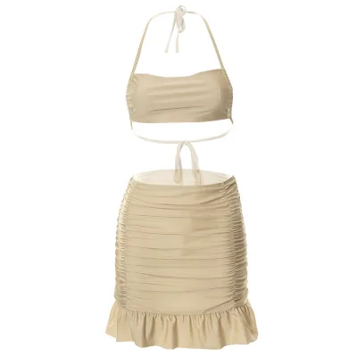 Summer New Solid Color Suspender Hanging Neck Backless High Waist Skirt Two Piece Set