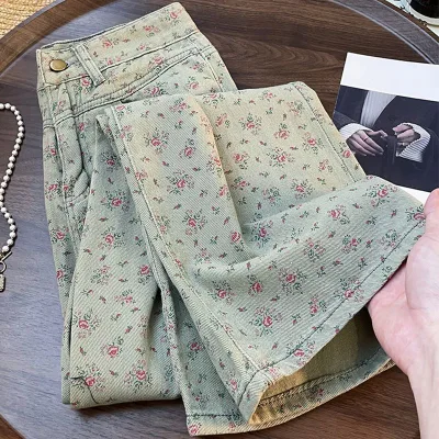 American Early Autumn Floral Vintage Straight Jeans Women Trendy High Waist Loose Casual Wide Leg Pants With Designer Vibe