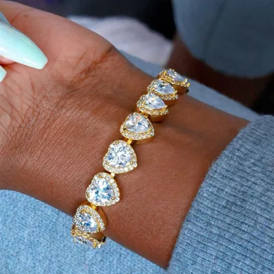 2025 Valentine's Day Gift Jewelry Big Heart CZ Iced Out Bling 18K Gold Plated Hip Hop Tennis Bracelet