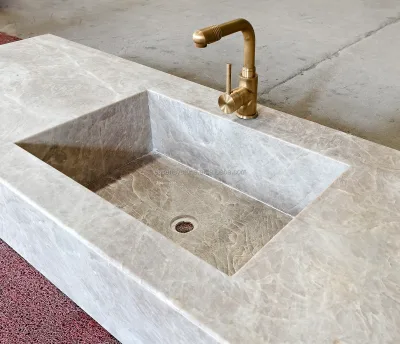 Stone Handmade Taj Mahal Quartzite Integrated Vanity Sink Custom Bathroom Washroom Countertop Villa Project Rectangular Bottom