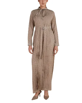 Custom MOQ50 Pcs Taupe Polka Dot Belted Pleated Abaya Dress OEM/ODM Service Supplier Abaya Modest Dress Manufacturer