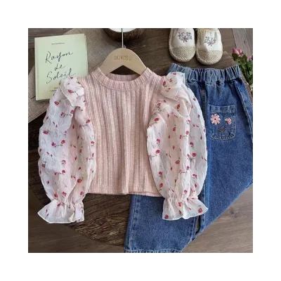 Spring and Autumn Children's Clothing Sets 2pcs Floral Bubble Sleeve Top and Denim Long Jean Pants for Kids Girls Cute