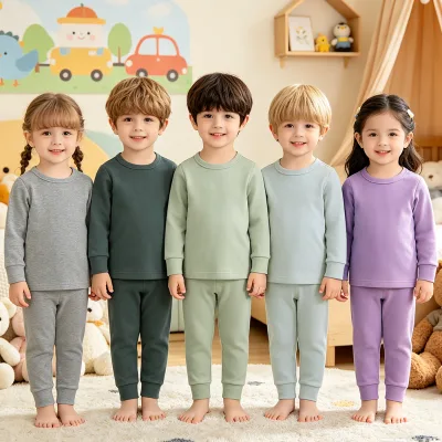 Children Clothes Set 2 Piece Kids Pajamas Autumn Winter Pure Color Kids Cotton Pajamas
