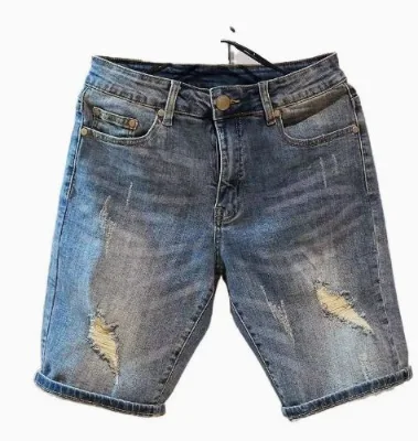 New Summer Men's Denim Shorts Old Washed Ripped Street Slim Casual Bottoms with Mid Waist Retro American Fashion Trend Shorts