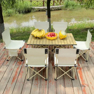 Outdoor Folding Table Chair Set Aluminum Frame Wood Top Minimalist Design Foldable For Picnic Camping Beach Use