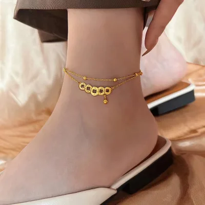 Stainless Steel Women's Anklet Gold Copper Coin Beads Titanium Steel Anklet Luck