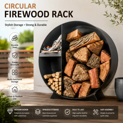 Heavy Duty Black Carbon Steel Firewood Storage Rack Round Log Holder