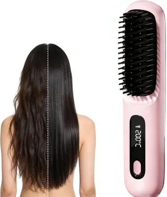 Portable Electric Hair Straightener Comb Cordless with 3 Heat Levels, Fast Heating Brush for Travel or Office Use