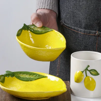 Creative 3D Hand Painted Relief Lemon Shaped Plate Ceramic Underglaze Color Personalized Dessert and Breakfast Plate