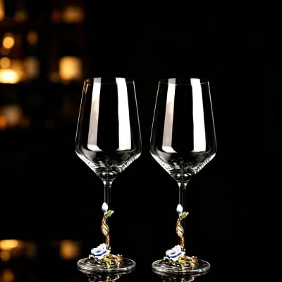 Lead-free Crystal Glass Goblet Gift Set with Creative Enamel Flowers Premium Wine Glasses&Decanter Wedding Anniversary Present