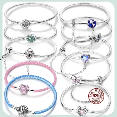 15-22CM 925 Sterling Silver Love Cross Snake Bone Bangle Original Classic DIY Jewelry Charm Bracelet for Women Girls Zircon