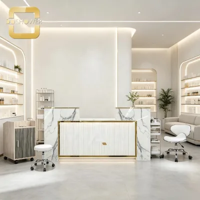 Marble Vein Reception Desk with Gold Metal Trim and Vertical Fluted Decor Panel for Premium Beauty Salon