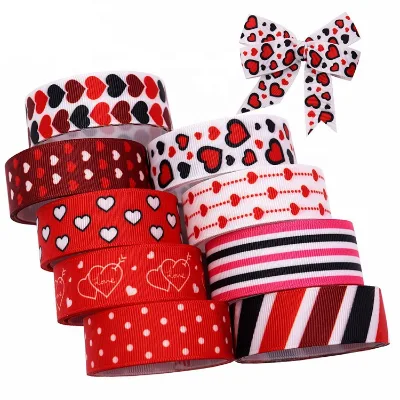 22mm Valentine's Day Ribbon Grosgrain Heart love Red Printed Grosgrain Ribbon Valentines Day Ribbon