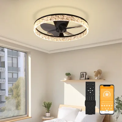 European Style Circular Fan Light Intelligent 6-Speed Control Tri-Color Positive Negative Wind for Bedroom Plastic Body DC Motor