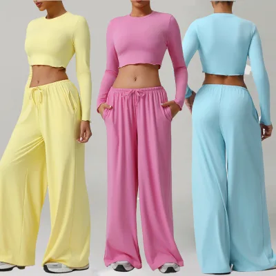 2 Piece Breathable Quick Drying Running Long Sleeve Crop Top Wide Leg Pants Athleisure Outfit High Waist Pocket Fitness Wear