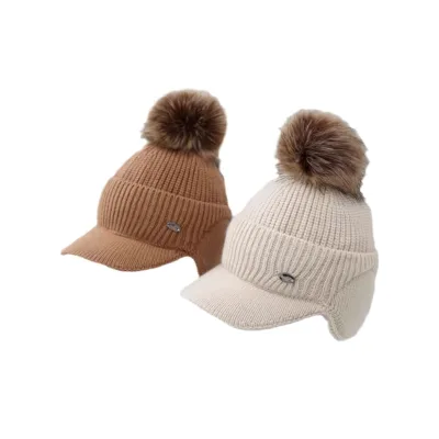HY7 Outdoor Winter Warm Earflaps Curved Wide Brim Knit Hat Knitted Beanies Winter Hat
