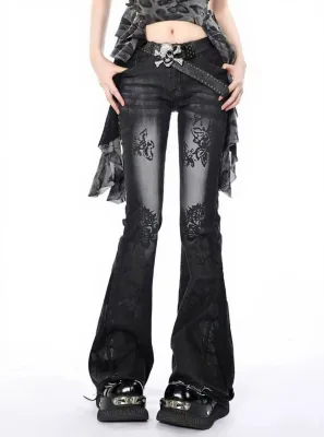 Women's Plus Size Flared Jeans Slim Fit Embroidered Butterfly Casual Wide Leg Pants Logo Waist Light Button for Spring/ Fall