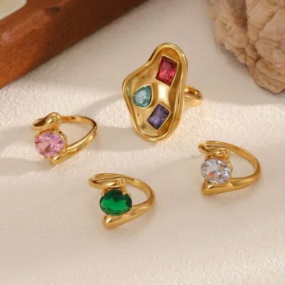 Light luxury style colorful diamond ring, fashionable and personalized, diamond inlaid zircon stainless steel gold-plated ring