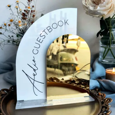Simple Floral Custom Wedding Signage with Base Gold Mirror Audio Guestbook Sign for Wedding Reception Acrylic Table Sign
