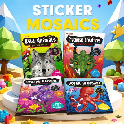 Keybaby Pixel Mosaic Sticker Book 4 Themes 12P+6 Big Stickers No Cut Glue Peel Stick Decor 21.6*28cm Kids Educational Toy