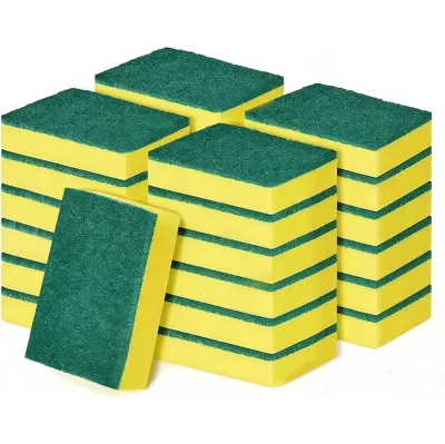 Compressed Antibacterial Nylon&PU Heavy Duty Kitchen Sponge Double Dishwashing Scrub Cleaning Sponge Scourer Green&Yellow