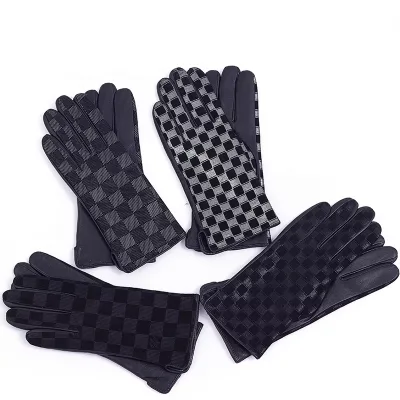 Fashion Embossed Checked Genuine Leather Gloves for Women Winter Warm Cold-proof Gloves