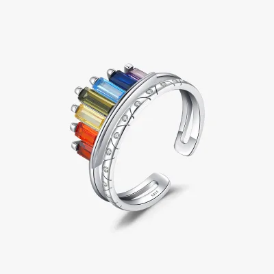 Exquisite Rainbow Crown Adjustable Ring for Women Fine Jewelry 925 Sterling Silver Colorful Zircon Opening Ring