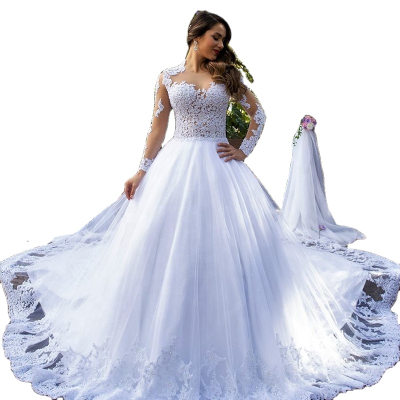 Hot Selling Sheer White Long Sleeve Lace Wedding Dress Bridal Gown
