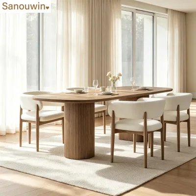 Minimalist Curved Open Back Dining Chair, Solid Oak Frame Fabric Armchair Modern Wooden Dining Set for Dining Room Hotel