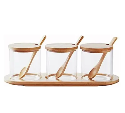 Hot Sale Glass Condiments Container-Seasoning Box Condiment Pots Jars with Spoons Container for Spice Salt Sugar Cruet