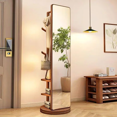360-Degree Adjustable Wooden Floor Mirror with Rotating Dressing Hanger Stylish Movable Feature