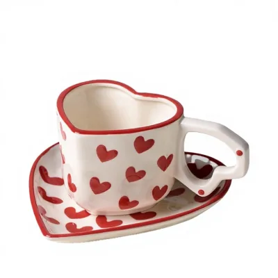 JADE Ceramic Porcelain Heart-Shaped Mug Saucer Set-Retro Style Valentine's Day Wedding Birthday Party Favors Gift for Girls