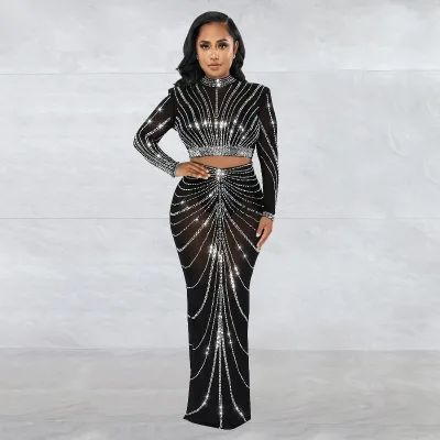 Autumn Fashion Mesh Diamond See Through Long Sleeve Crop Tops Sexy 2 Piece Skirt Sets Skirt and Top Set for Women