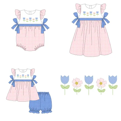Custom New Design Girl Floral Suit Baby Girl Applique Bubble Boutique Wholesale Kids Embroidery Clothing