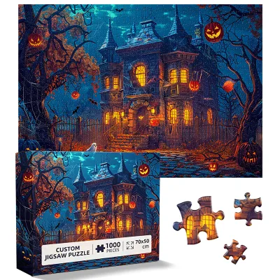 Custom Halloween DIY Jigsaw Puzzle OEM ODM 1000 Pieces Paper Puzzles Haunted Mansion Scene for Adult Family Holiday Gift Box