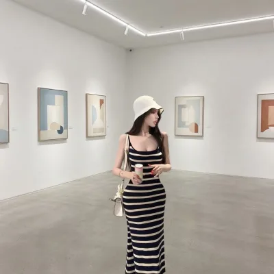 Women's Striped Dress Summer Dresses for Women Slit Knit Long Bodycon Tank Dresses Vacation Outfits