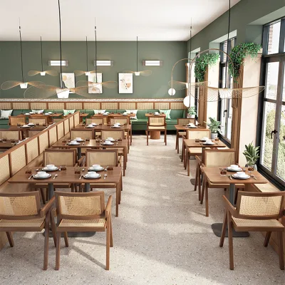 Southeast Asian Style Rattan Card Solid Wood Table and Chair Milk Tea Shop Cafe Dining Chair Shop Sofa Table and Chair