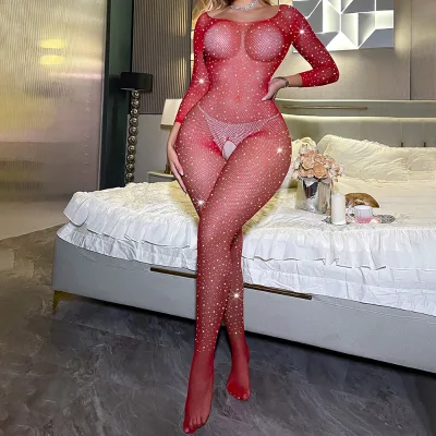 Sexy Hot Cute Shiny Sweet Rhinestone Sleepwear Lace Mesh Net Women Teen Young Girl Lady Lingerie Open Full Body Underwear Red