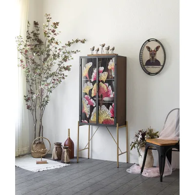 American Vintage Metal Legs 2 Glass Door Living Room Cabinet Dining Room Antique Sideboard Cabinet