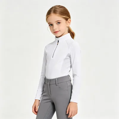 Women Equestrian Outfit EVS Slim Fit White Quarter-Zip Breathable Shirt Gray Silicone Grip High Rise Lightweight Breeches Horse