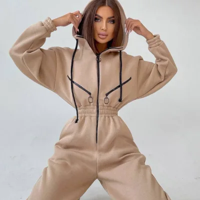High Quality Sports Women One Piece Lace up Sets One Piece Suit Women Hooded Jumpsuit Casual Sweat Suits