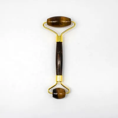 Wholesale Natural Tiger Eye Jade Healing Roller Face Massager with Metal Brass Handle for Facial Care