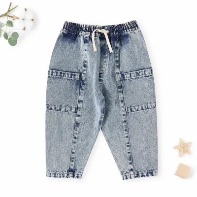 Custom Boutique Kids Denim Pants Lightweight Breathable Straight Leg Full Length Elastic Waist Casual Trousers with Pockets