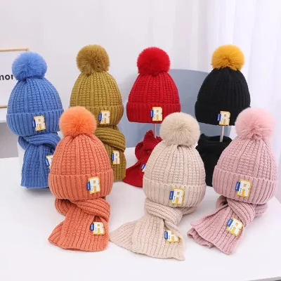 Beanie Scarf Set for Kids Unisex Autumn Winter New Collection Multi-Color 'R' Label Custom Acrylic Knitted Hat Scarves for Kids