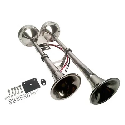 Marine Boat RV Car Stainless Steel Dual Trumpet Horn Complete Set 12V