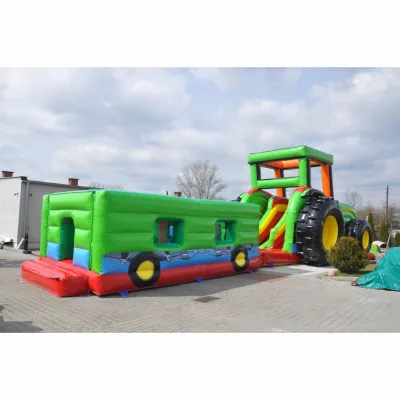 2025 Hot Sale Green Inflatable Castle Tractor Combo, Blow up Tractor Slide, 12m Long Inflatable Tractor Obstacle Course