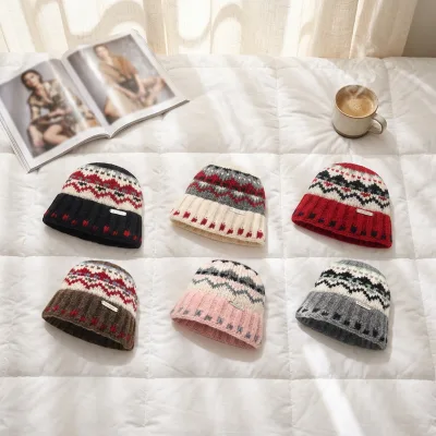 Fair Isle Style Jacquard Knitted Hat Women New Japanese Style Autumn Winter Warm Ear protection Vintage Elegant Fashion
