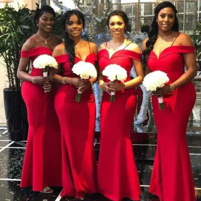 Red Mermaid Bridesmaid Dresses Off Shoulder Backless Floor Length Side Simple Garden Country Wedding Guest Gowns Customized